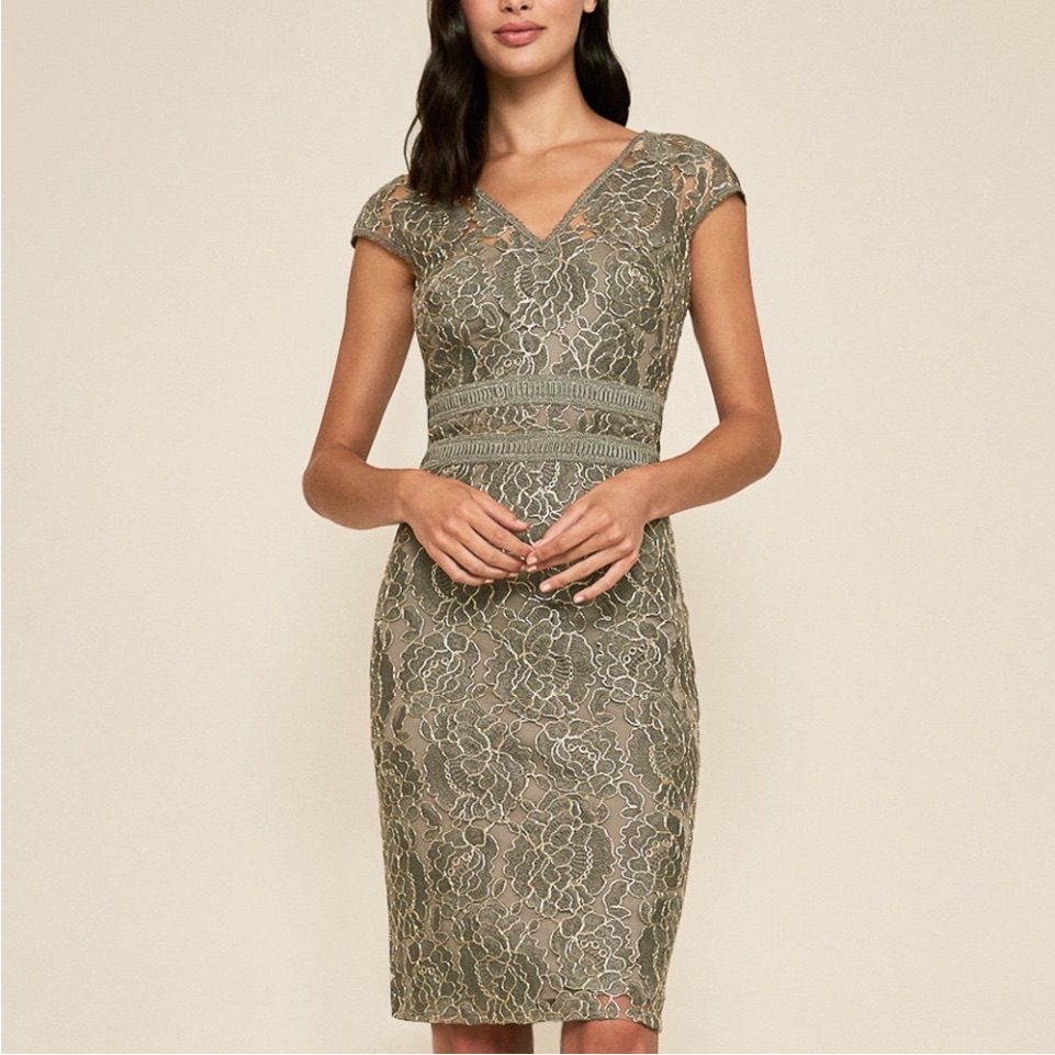 Tadashi Shoji Roxanne Floral Lace Sheath Dress Gold Threads Cap Sleeves Size 8